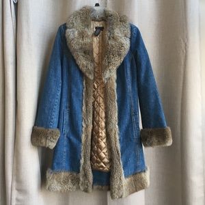 BCBG MAXAZRIA Women’s Vintage Long Denim Fur Coat